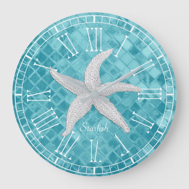 White Starfish Aqua Sea Glass Personailize Large Clock (Front)