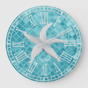 White Starfish Aqua Sea Glass Personalize Large Clock