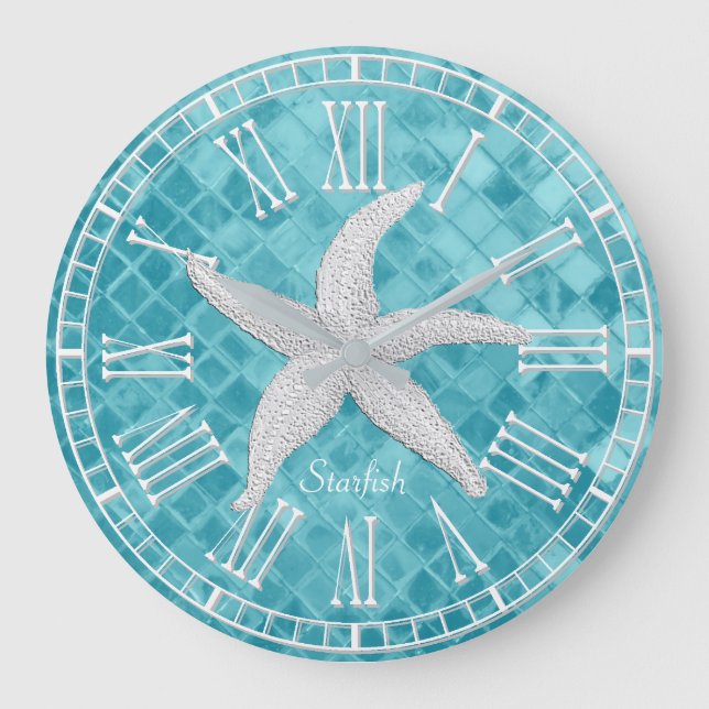 White Starfish Aqua Sea Glass Personalize Large Clock (Front)
