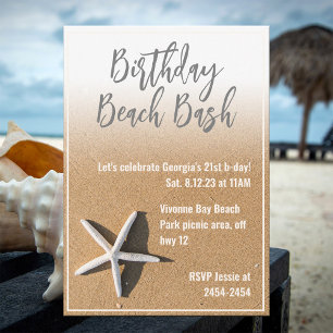 White Starfish & Beach Sand Summer Birthday Party Invitation