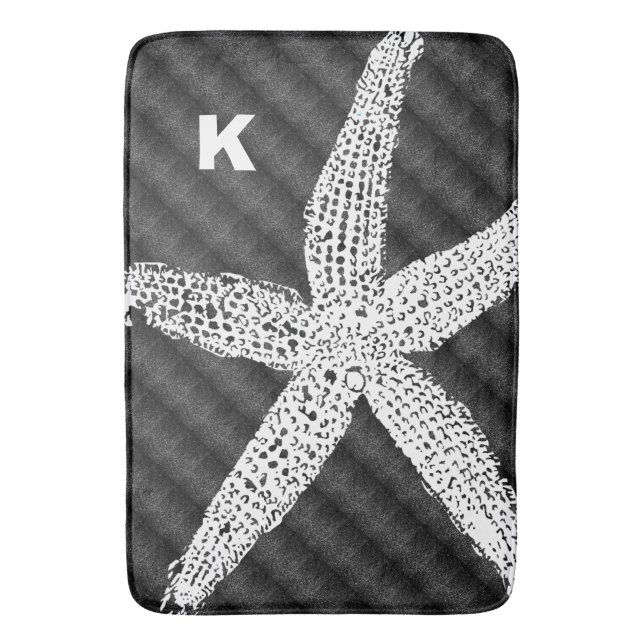 White Starfish Black Pattern Monogram Initial Name Bath Mat (Front Vertical)