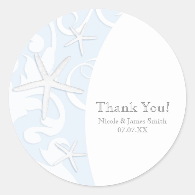 White Starfish Blue Beach Elegant Wedding Classic Round Sticker (Front)