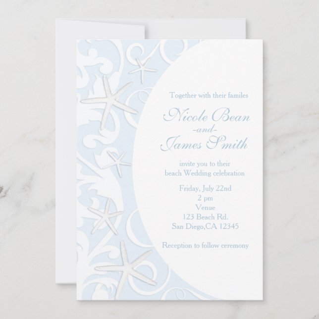 White Starfish Blue Beach Wedding Invitations (Front)