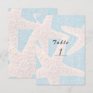 White Starfish & Blue Burlap Beach Table Number
