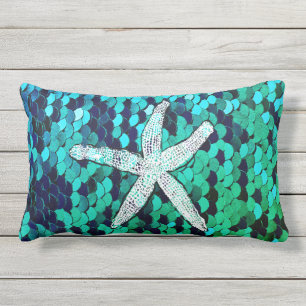 White Starfish Glittery Mermaid Sequins Green Blue Lumbar Cushion
