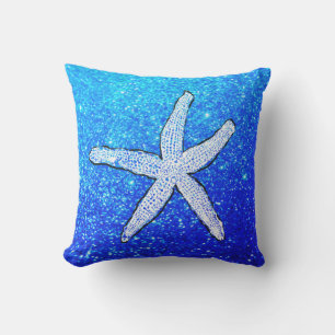 White Starfish Glittery Sparkly Beach Deep Blue Cushion