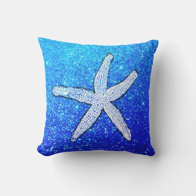 White Starfish Glittery Sparkly Beach Deep Blue Cushion (Front)