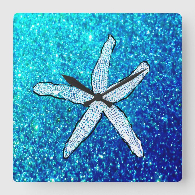 White Starfish Glittery Sparkly Teal Blue Cute Square Wall Clock (Front)