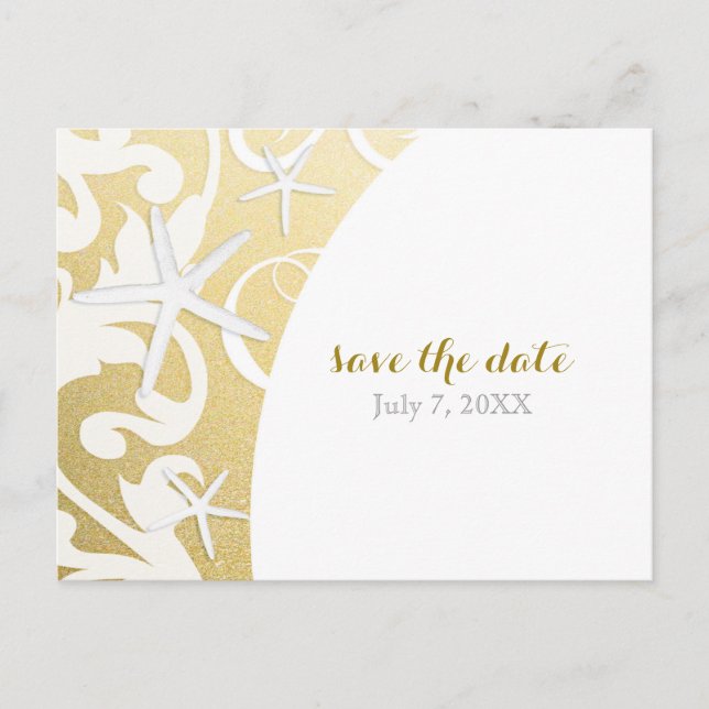 White Starfish Gold Beach Wedding Save The Date Announcement Postcard (Front)
