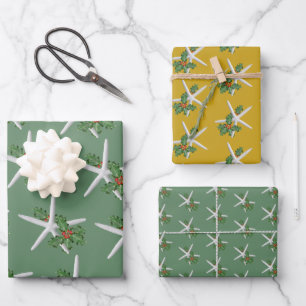 White Starfish Holly Pattern Christmas Wrapping Paper Sheet