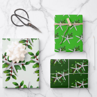 White Starfish n Holly Green Shades Wrapping Paper Sheet