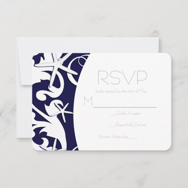 White Starfish Navy Beach Elegant Wedding RSVP (Front)