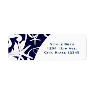 White Starfish Navy Blue Elegant Beach Wedding Return Address Label