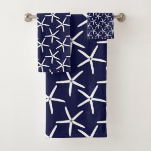 White starfish on a navy blue background bath towel set