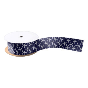 White starfish on a navy blue background satin ribbon