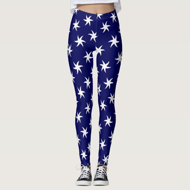 White Starfish on Navy Blue Leggings (Front)