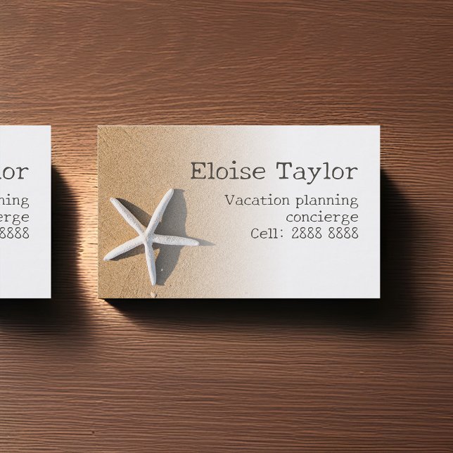 White Starfish On Tan Beach Sand, Casual Coastal Business Card (Creator Uploaded)
