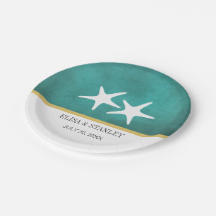 White starfish on teal stained beach wedding paper plate