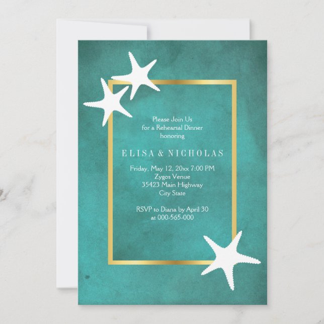 White starfish on teal wedding rehearsal dinner invitation (Front)