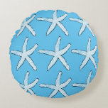 White Starfish Pattern Beach Sky Blue Christmas Round Cushion<br><div class="desc">Designed with starfish patterns in sky blue background. You may change the background colour as you like.</div>