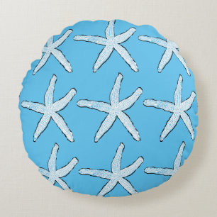 White Starfish Pattern Beach Sky Blue Christmas Round Cushion