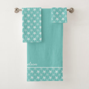 White Starfish Pattern on Teal Blue  Bath Towel Set