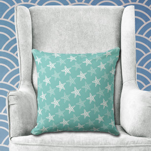 White Starfish Pattern on Teal Blue Cushion
