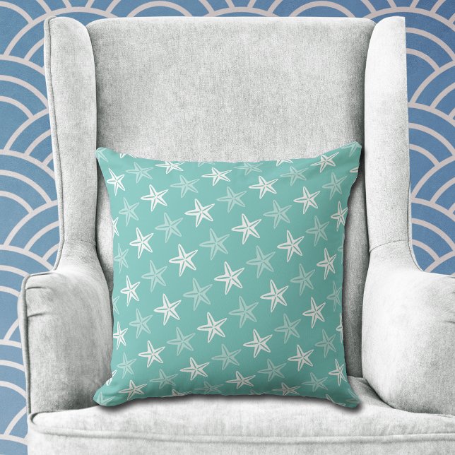 White Starfish Pattern on Teal Blue Cushion (Creator Uploaded)