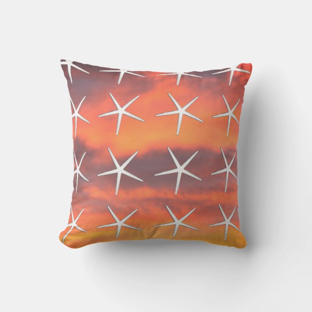 White Starfish Pattern Orange Sunset Sky Landscape Cushion (Front)