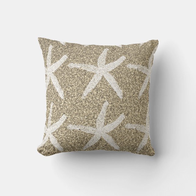 White Starfish Patterns Gold Glitter Nautical Cute Cushion (Front)