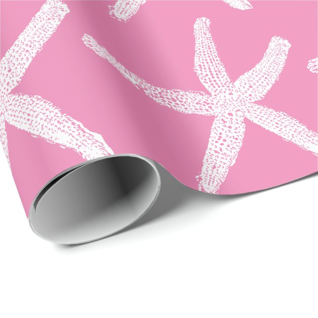 White Starfish Patterns Light Pink Beach Christmas Wrapping Paper (Roll Corner)