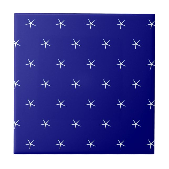 White Starfish Patterns Navy Blue Custom Nautical Ceramic Tile (Front)