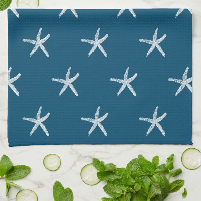 White Starfish Patterns Ocean Blue Custom Cute Tea Towel (Folded)