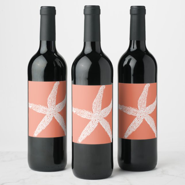 White Starfish Patterns Salmon Pink Orange Cool Wine Label (Bottles)