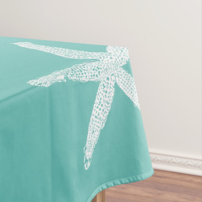 White Starfish Patterns Teal Blue Custom Color Tablecloth (In Situ)