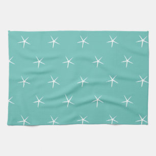 White Starfish Patterns Teal Blue Nautical Beach Tea Towel