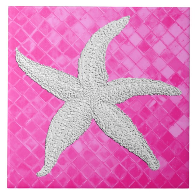 White Starfish Pink Sea Glass Pattern Ceramic Tile (Front)