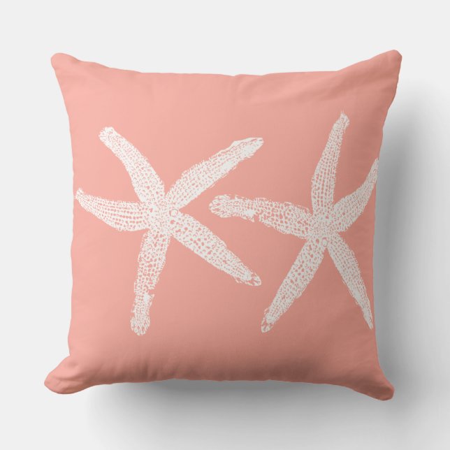 White Starfish Salmon Pink Orange Beach Cotton Cushion (Front)
