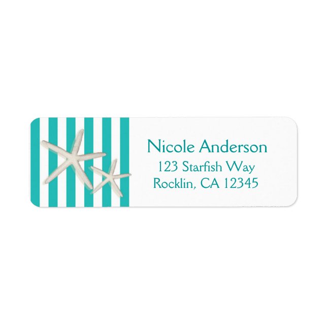 White Starfish Teal Turquoise Striped Beach Return Address Label (Front)