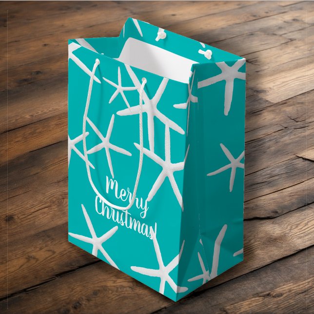 White Starfish Tropical Christmas Turquoise Medium Gift Bag (Creator Uploaded)