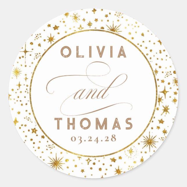 White Starry Night Themed Wedding Classic Round Sticker (Front)