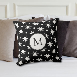 White Stars And Dots On Black Monogram Cushion