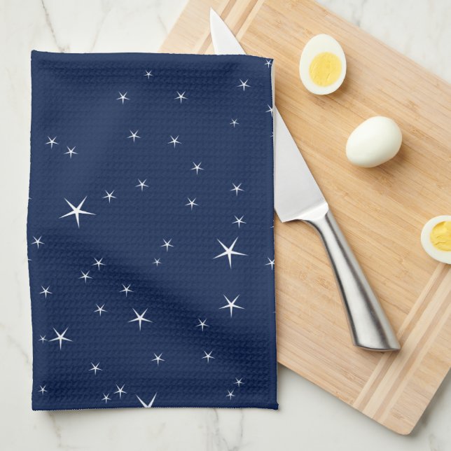 White Stars Navy Blue Background Pattern Tea Towel (Quarter Fold)