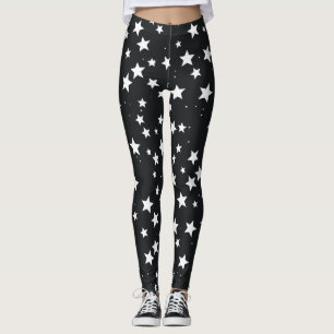 White Stars on Black Background Leggings