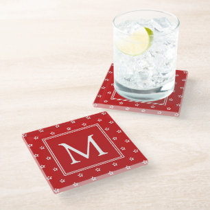 White Stars on Bright Red Monogram Glass Coaster