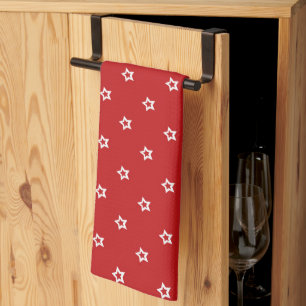 White Stars on Bright Red Pattern Tea Towel