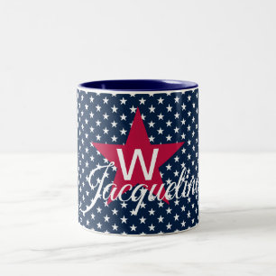 White Stars on Navy Monogrammed Two-Tone Coffee Mug