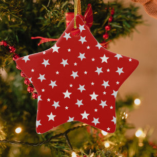 White Stars on Red Christmas Holidays Ceramic Ornament