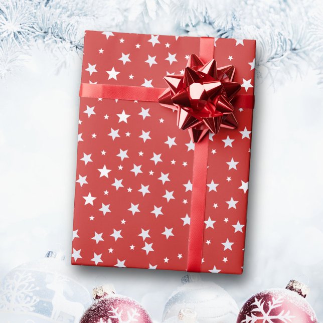White Stars on Red Christmas Holidays Wrapping Paper (Creator Uploaded)