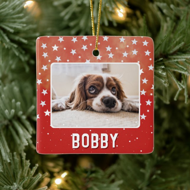 White Stars on Red Pet Photo Name Christmas Ceramic Ornament (Tree)